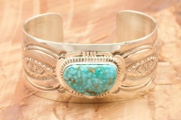 Genuine Kingman Spider Web Turquoise Sterling Silver Navajo Bracelet